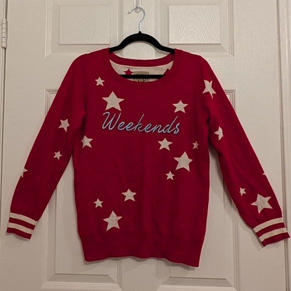 Chaser Red and White Stars Weekend Cashmere Cotton Blend Crewneck Sweater - Sz S - Picture 2 of 6